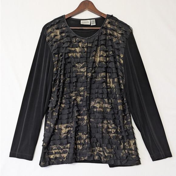 Chico's Cardigan Black Gold Metallic Slinky Ruffle Tiered Size 3 Long Sleeves - Picture 1 of 7